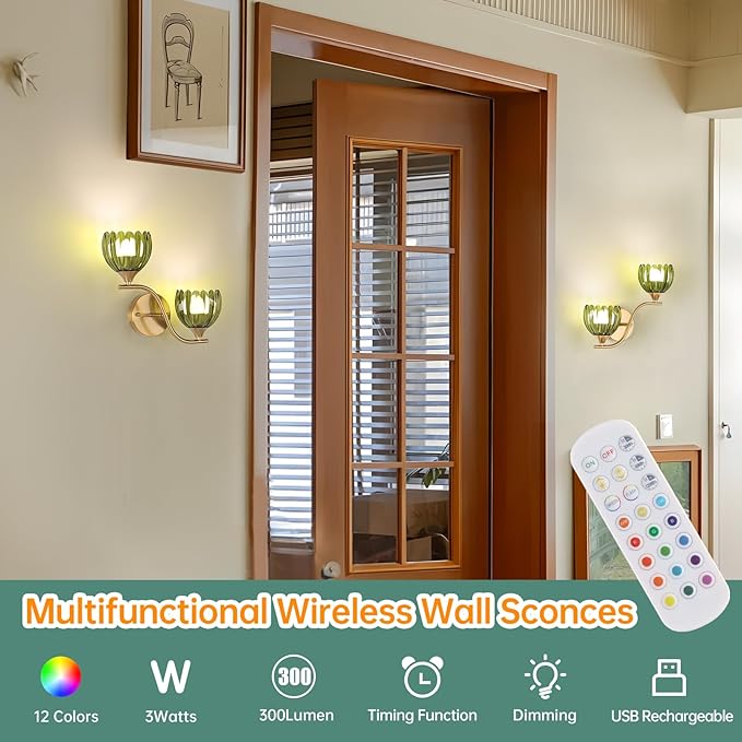 Battery Operated Wall Sconce, 2-Lights Vinatge Brass Wall Lighting