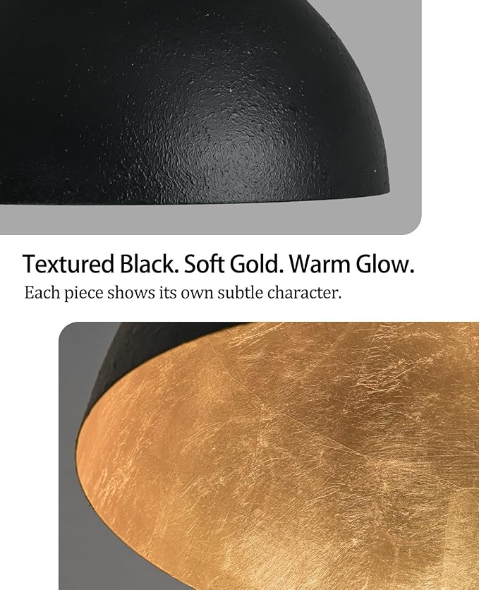 15 Inch Black and Gold Pendant Light, Bold Textured Matte Black Dome