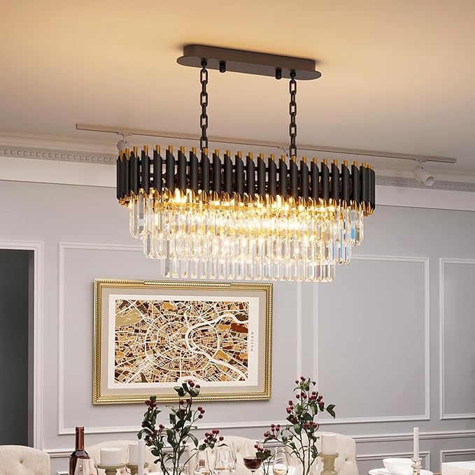 31.5" 8-Light Modern Black Gold Crystal Chandelier, Luxury Rectangular Raindrop
