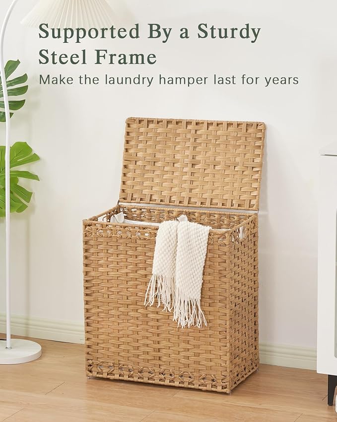 Laundry Hamper with Lid Wicker Laundry Basket 112 L (29.6 Gal) Laundry Hampers Handwoven Rattan Clothes Hamper with Handles 3 Removable Liner Bag, 6 Mesh Bags for Bathroom Bedroom Natural