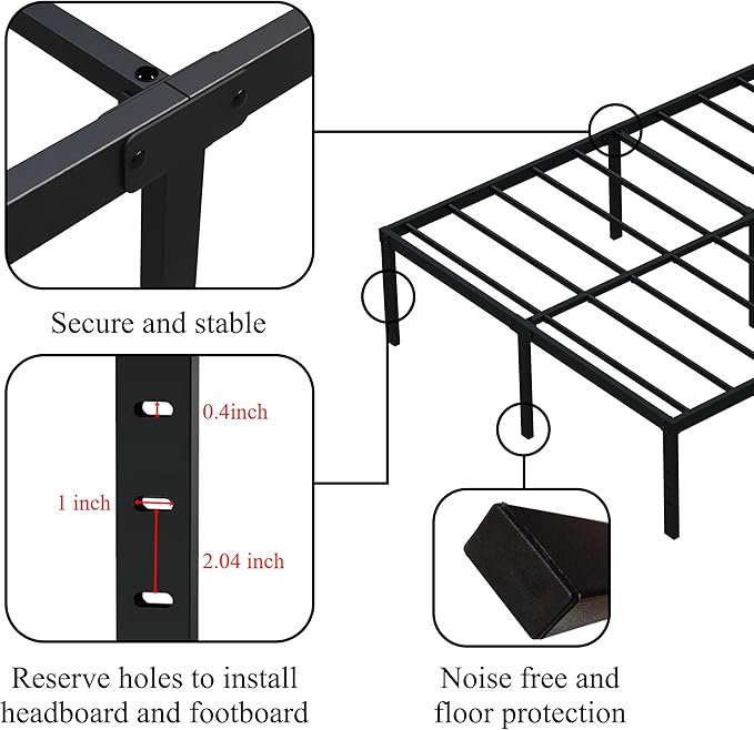 18 Inch Twin XL Bed Frames, Metal Platform Twin XL Bed Frame with High Storage, Eassy Assembly 2,500 Lbs Heavy Duty Bedframes, Black
