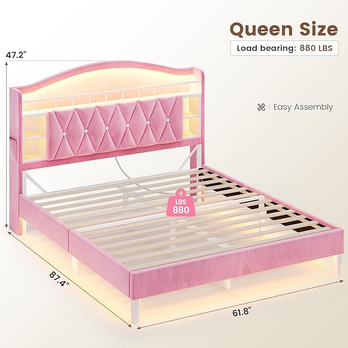 ADORNEVE Queen Bed Frame with LED Lights, Princess Velvet Upholstered Platform Bed for Girls, Headboard with Charging Station & Guardrail & Crystal Button, No Box Spring Needed, Pink
