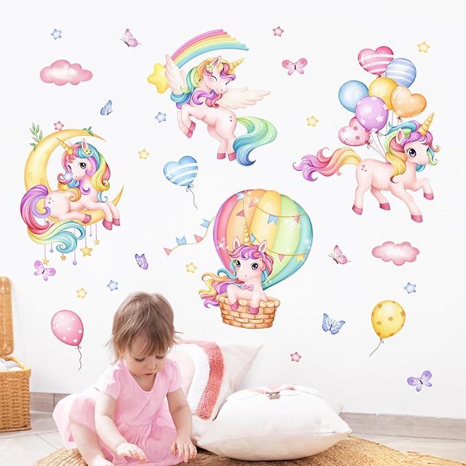 Unicorn Rainbow Wall Decals Hot Air Balloon Moon Clouds Stars Wall Stickers Baby Nursery Girls Bedroom Kids Room Wall Decor