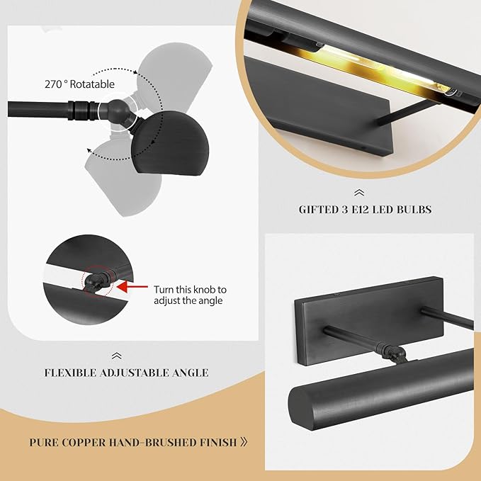 Matte Black Picture Lights for Wall, 3-Light Bronze Gallery Light, Warm White