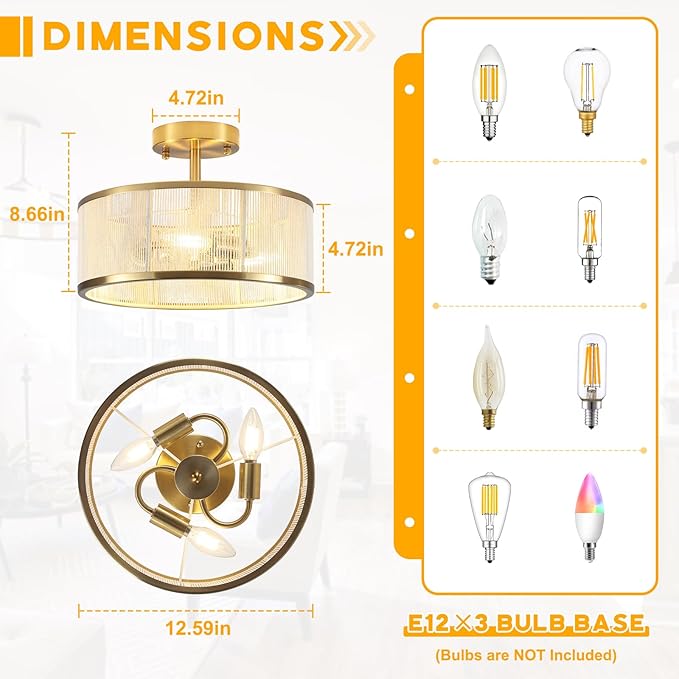 Modern Semi Flush Mount Ceiling Light, 3 Light Gold Ceiling Light