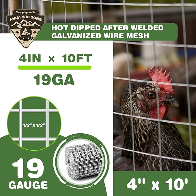 Hardware Cloth 1/2in 4'' x 10' 19GA ，Hot-dip Galvanized After Welding ，Chicken Wire Mesh,Chicken Coop Fence,Screen Mesh,Rabbit/Snake Fence,for Garden Poultry Animal Netting Cage