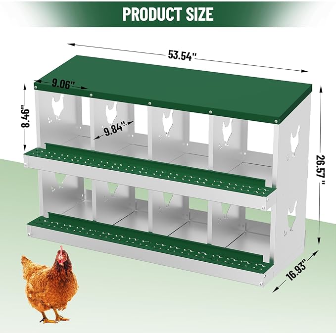 Chicken Nesting Boxes,8 Compartments Galvanized Steel Metal Laying Boxes,Pull-Out Egg Box Easy Egg Collection & Clean,Wall Mount Suitable for Farm Chicken House,Green
