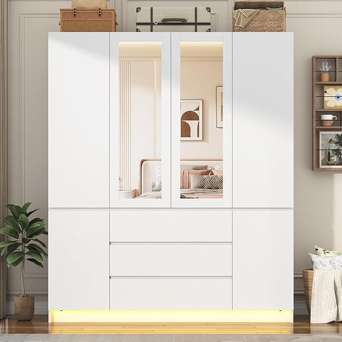 4 Doors Armoire Wardrobe Closet with 3 Drawers & Mirror, Modern Wooden Bedroom Armoires with Hanging Rod Led Lights for Bedroom, White