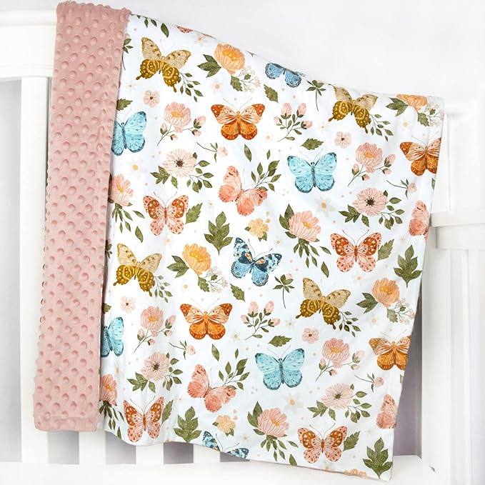 HOMRITAR Floral Baby Blanket for Girls Soft Comfy Minky Toddler Blanket with Double Layer Dotted Backing, Beauty Butterfly Printed Bed Blankets for Nursery Crib Decor 30 x 40 Inch (75 x 100 cm)