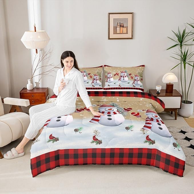 Cartoon Snowman Kids Christmas Comforter Set Twin Size,Pines Snowflake Rustic Bedding,Girls Boys Adults Bedroom/Xmas Cabin Decor,Grids Geometric Down Comforter,Farmhouse Duvet Insert,1 Pillowcase