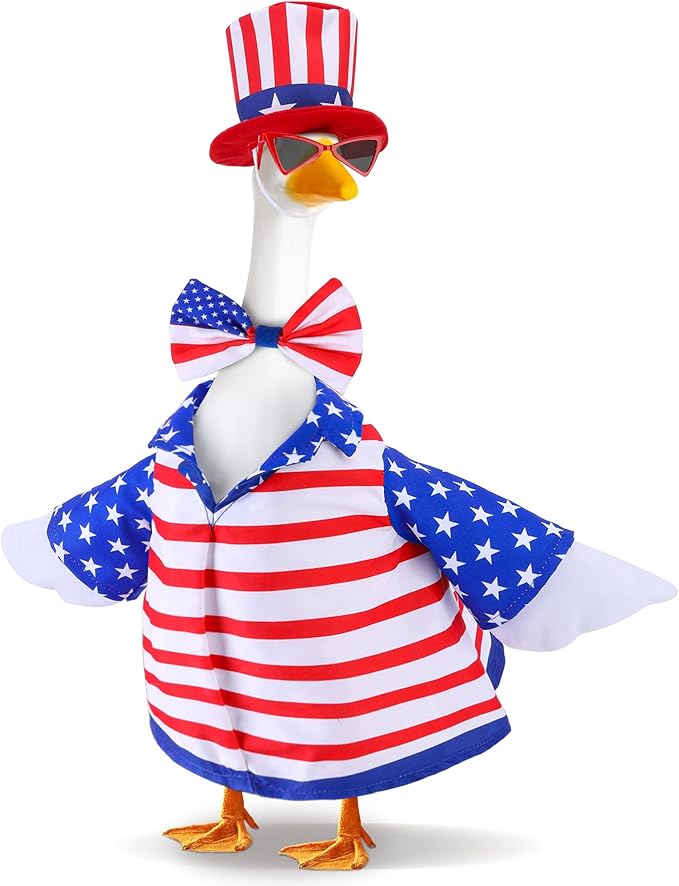 4 Pcs/Set 4th of July Porch Goose Outfit, 23" High Lawn Goose Statue Patriotic Costume Clothing, Independence Day Porch Garden Geese Clothes with Hat Glasses Bow Tie for Outdoor Patio Yard Decoration