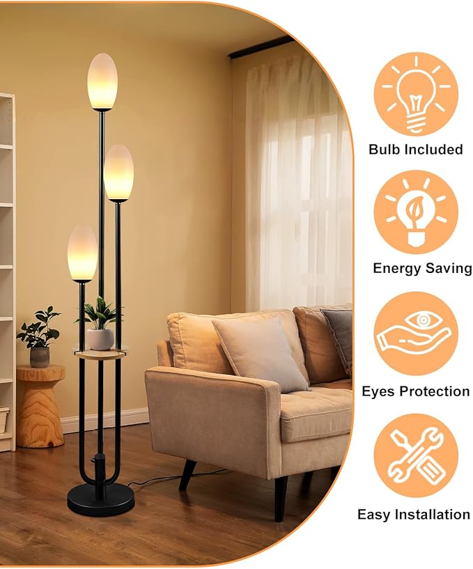 Black Dimmable Floor Lamp with Table, Unique Candle Holder Style Tall Standing