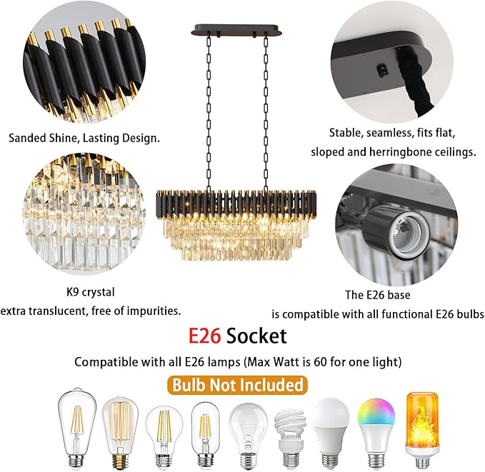 31.5" 8-Light Modern Black Gold Crystal Chandelier, Luxury Rectangular Raindrop