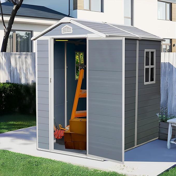 4x6 FT Resin Storage Sheds Outdoor with Floor, Windows & Lockable Door Storage Shed - Waterproof Garden Tool Shed, Patio & Backyard Tool Storage Cabinet Use - Grey
