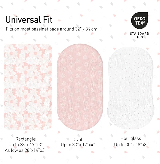 Gllquen Baby Muslin Bassinet Sheets 3 Pack, Breathable Elastic Cozy Fitted Cotton Bassinet Mattress Sheet for Baby Boy Girls, Fit for Hourglass Oval Rectangular Cradle Pad Sheets 33"x17" (Pink)