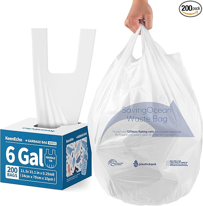 Small Trash Bags with Handles 6 Gallon 200 Count White - Ocean Plastic Upcycling - Plastic Garbage Bags, Can Bin & Waste Basket Liner for Kitchen, Bathroom, Office and Pets