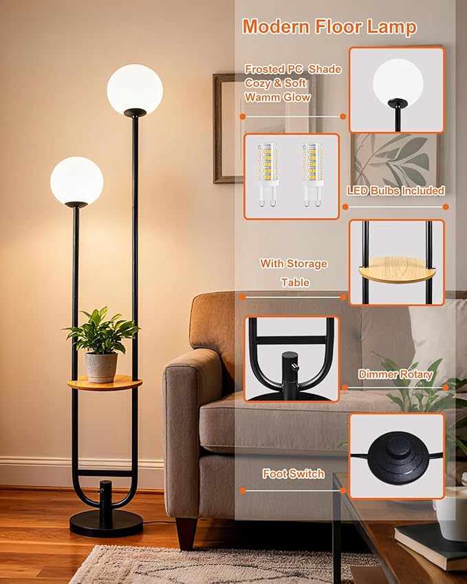 63IN 2-Globe Floor Lamp Dimmable Tall Standing Lamps