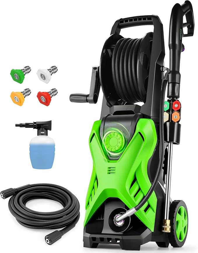 Electric Pressure Washer, 2.8 GPM High Power Washer Adjustable Pressure 2500PSI-5000PSI with 33FT Extension Hose Reel, 4 Nozzles and Soap Bottle for Cars/Fences/Driveways