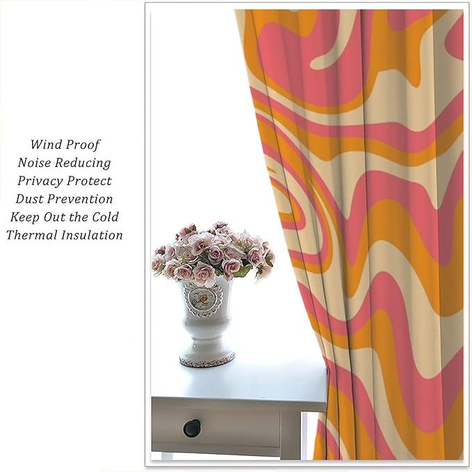 Abstract Wavy Swirl Curtains,60s 70s Groovy Aesthetic Retro Boho Orange Pink Abstract Curtains for Girls Bedroom Living Room Window 55"" W X 63"" L, Style-2