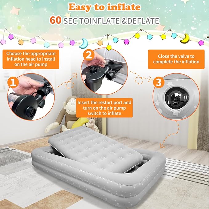Air Mattress for Kids 4-7 Years - Toddler Travel Bed with Built-in Pump, Sides for Safety, Ultra Soft Plush Surface - Portable Kids Sleeping Pad for Camping, Hotels, Sleepovers & Grandparents' House