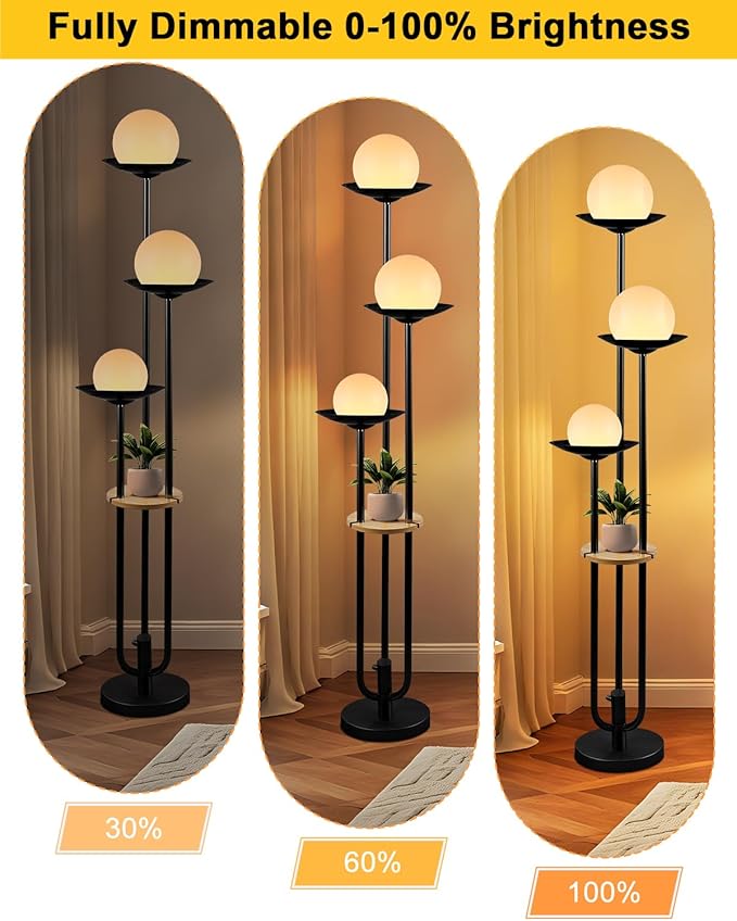 63IN Globe Floor Lamp with Table, 3-Lights Modern Dimmable Floor Lamps with