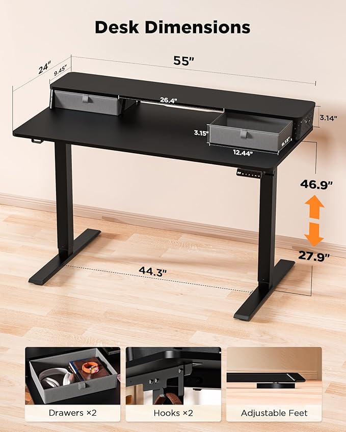 55x24 Inch Standing Desk with Double Drawers, C-Clamp Mount Compatible, Electric Adjustable Height Computer Stand Up Desks, Home Office Sit Stand Table with 3 Preset Heights & 2 Hooks, Black