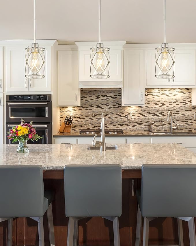 Brushed Nickel Pendant Lights Kitchen Island 3 Pack, Glass Kitchen Pendant