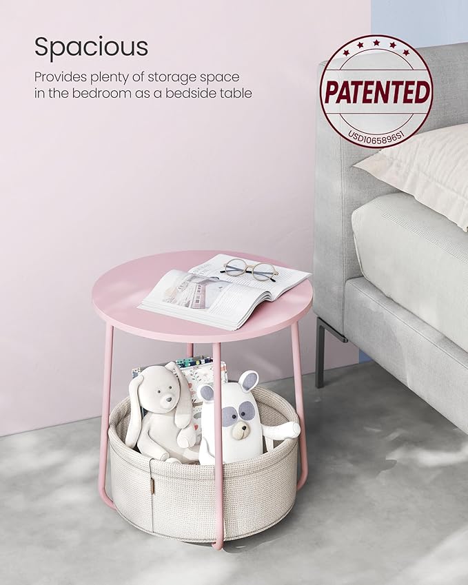 VASAGLE LILEA Collection - Small Round Side End Table, Modern Nightstand with Fabric Basket, Jelly Pink and Cream White ULET223R61