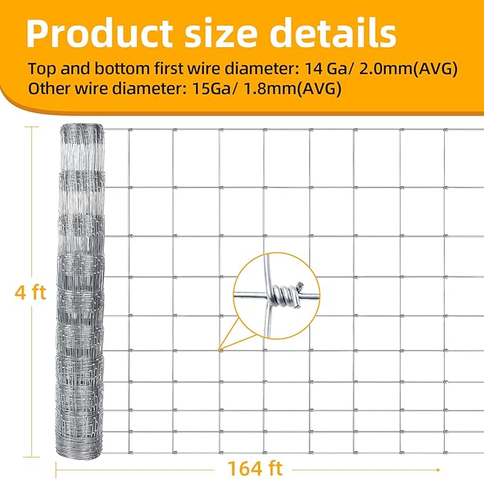 4ft x 164ft Galvanized Farm Fence, Fixed Knot Woven Wire Fence 16Ga, for Sheep Dog Panel Plant Garden Flower Bed and Field Protection