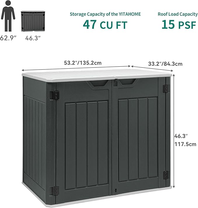 YITAHOME Large Outdoor Horizontal Storage Shed, 47 cu ft Resin Tool Shed w/o Shelf, Waterproof Outdoor Storage with Floor for Trash Cans, Garden Tools, Lawn Mower, Lockable, 4.5x2.8x3.9 ft, Dark Gray
