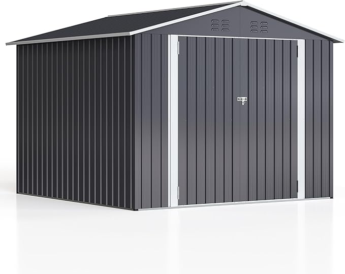 WKM 8x8 FT Outdoor Storage Shed, Utility Metal Tool Storage with Lockable Doors and Updated Frame Structure, Large Metal Garden Shed for Backyard, Patio Lawn, Black