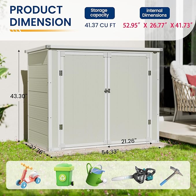 Amopatio 41 Cu Ft Outdoor Storage Shed, Horizontal Resin Trash Can Storage, Weather Resistance, Storage Box with Floor Included for Garden Tools, Lawn Mowers, Garbage Cans, Patio Use, Sandstone