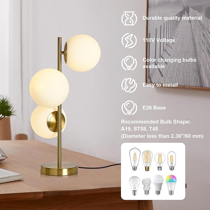 Gold Globe Table Lamp Mid Century Modern Desk Lamp 3-Light Side Table Lamp