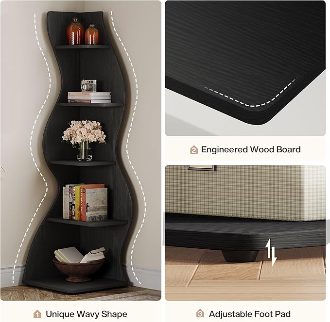 Tribesigns Wavy Corner Shelf, Modern 5-Tier Bookshelf Bookcase with Curvy Shape, Unique Plant Stand Display Rack for Living Room Small Space (Black)