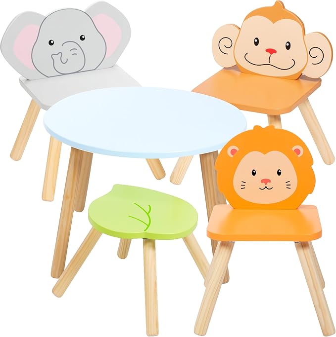 Kids Wooden Animal Table & Chair Set w 4 Seats- Monkey Lion & Elephant Plus Adult Stool for Arts Crafts, Dining, Pretend Play- Durable Playroom Furniture for Home, Daycare Classroom- Toddler Gift