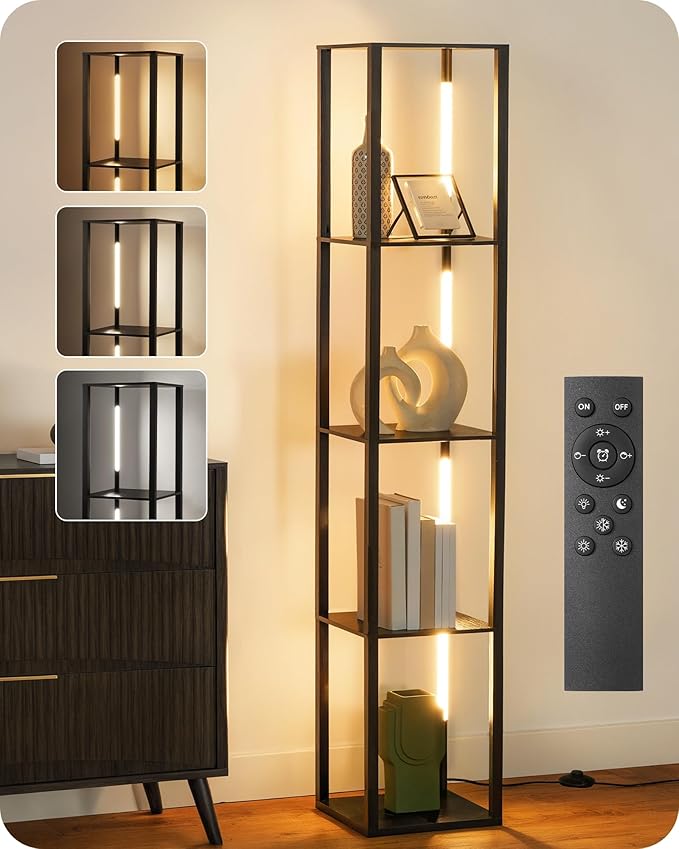 64.2" Display Shelf with Light, Modern Corner Floor Lampe with Shelves