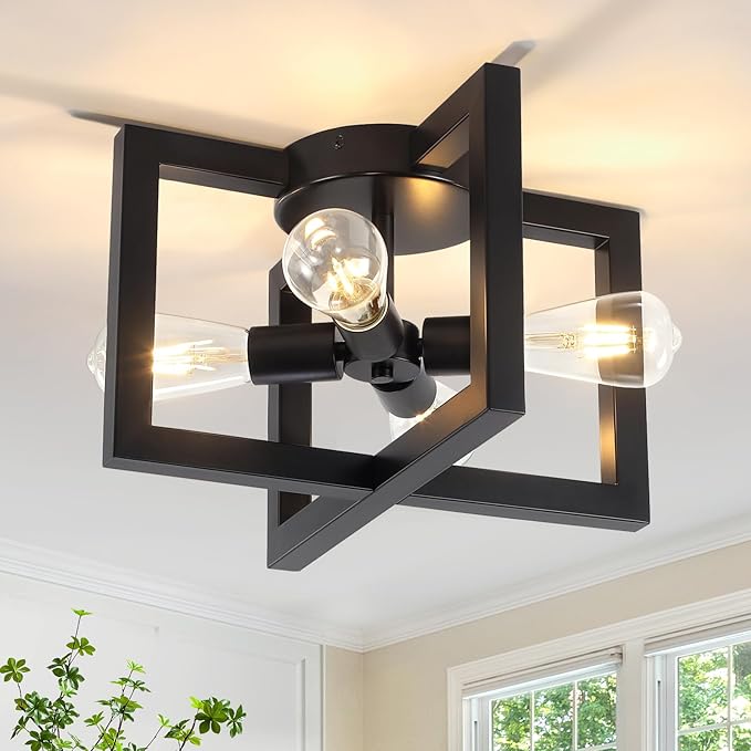 15" Black Geometric Semi Flush Mount Ceiling Light Fixture, 4-Light Modern