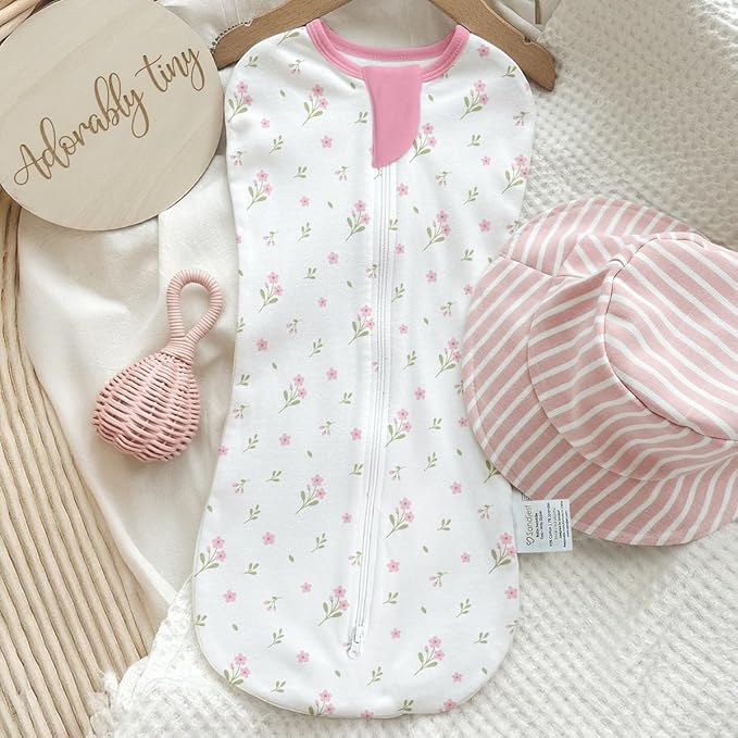 Baby Swaddle 0-2 Months, Cotton Arm-In Zipper Sleep Sack, Wearable Blankets Wrap for Newborn Infant Girls (Floral, Checkered, Pack of 2)