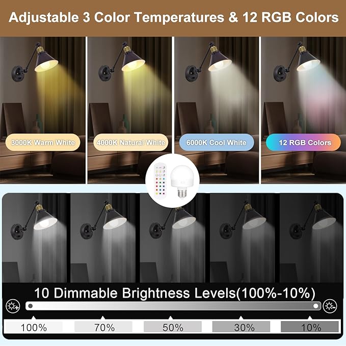 TRLIFE Rechargeable Battery Operated Wall Sconce, Dimmable and Adjustable Color