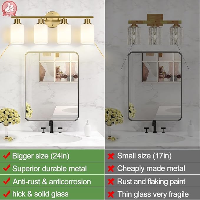 4-Light Bathroom Light Fixtures, Brushed Gold Modern Vanity Lights