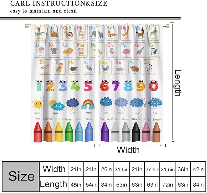 Kids Alphabet Curtains Cartoon Animal Funny Learning Colorful Educational Nursery Curtain with Rod Pocket for Bedroom Classroom Decor Drapes Window Treatments 2 Panels Set 42" W X 45" L