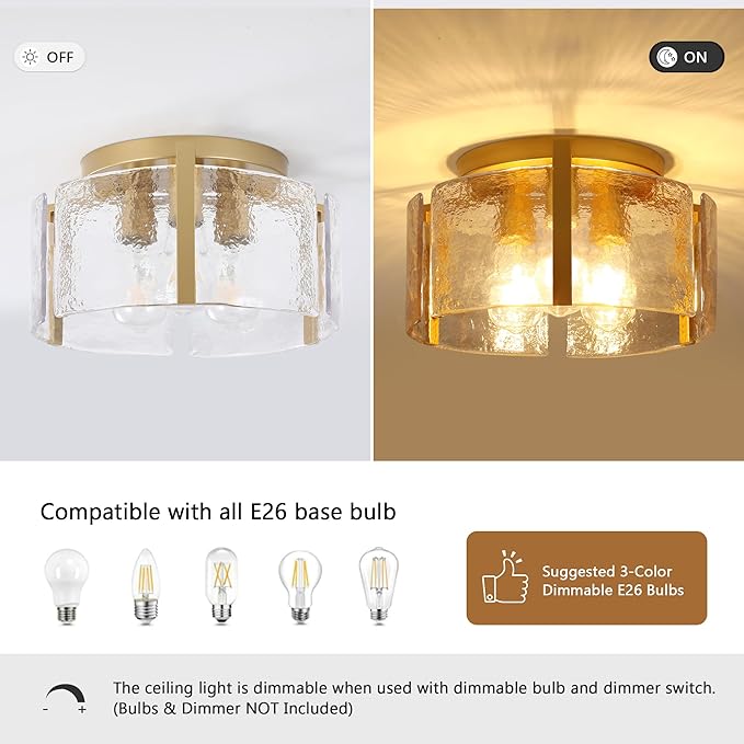 Gold Semi Flush Mount Flush Mount Ceiling Light, 3-Light Drum Glass Ceiling