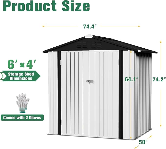 Flamaker 6x4 FT Storage Shed Waterproof Metal Garden Shed with Lockable Door Utility Tool Shed Outdoor Storage for Backyard, Patio and Lawn, White