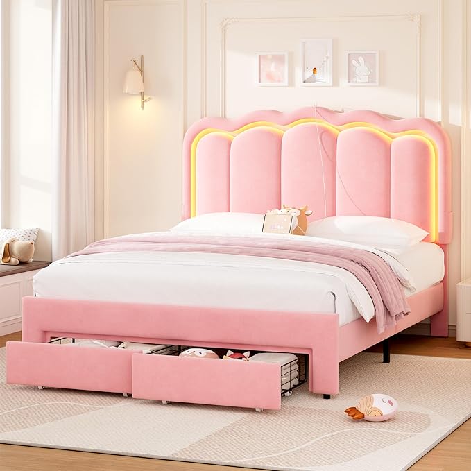 Full Upholstered LED Bed Frame with 2 Storage Drawers and Adjustable Chic Double Wavy Headboard, Velvet Princess Platform Bed with Charing Station, Solid Wood Slats Support,No Box Spring Needed, Pink