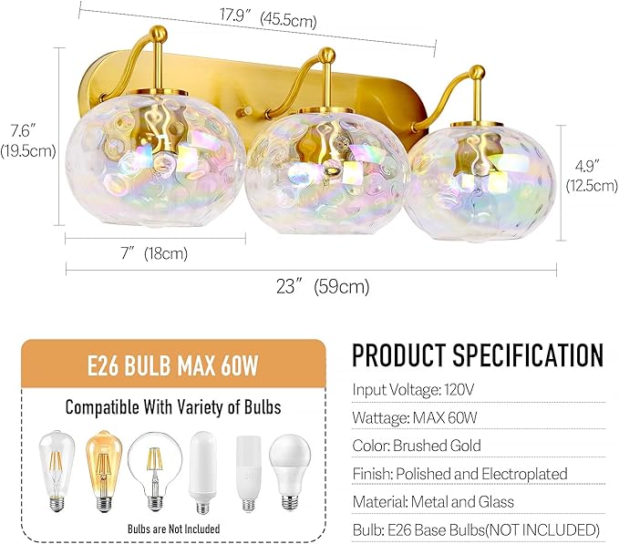 23" Brushed Gold Vanity Light Stained Hammered Glass Wall Sconce 3-Light Brass