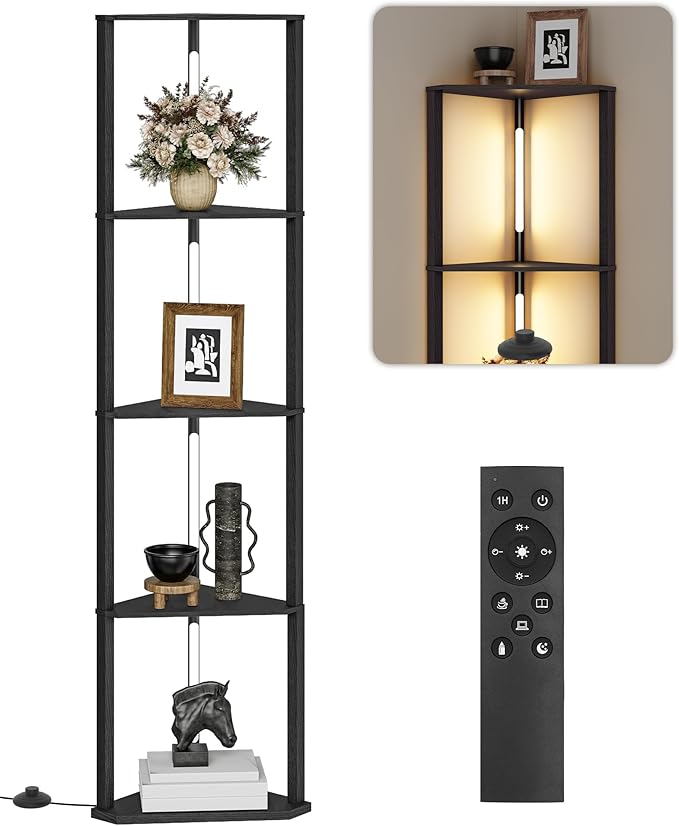 63.4” Display Shelf with Light, Modern Corner Floor Lampe with Shelves