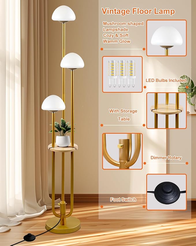 Gold Dimmable Floor Lamp with Table, Modern Floor Lamps