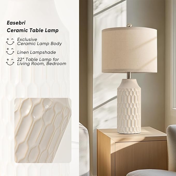 22IN Modern Ceramic Table Lamp Set of 2 White Lamps