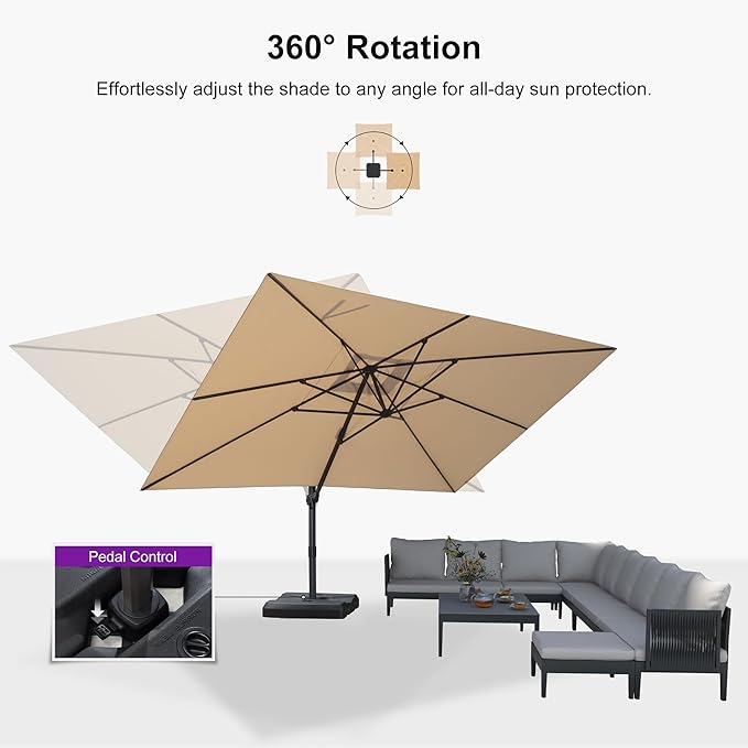 PURPLE LEAF 10' × 13' Patio Cantilever Umbrella with Base Outdoor Rectangle Adjustable Offset Umbrellas with 360-degree Rotation and 8 Heavy Duty Metal Ribs for Garden Deck Pool Beige