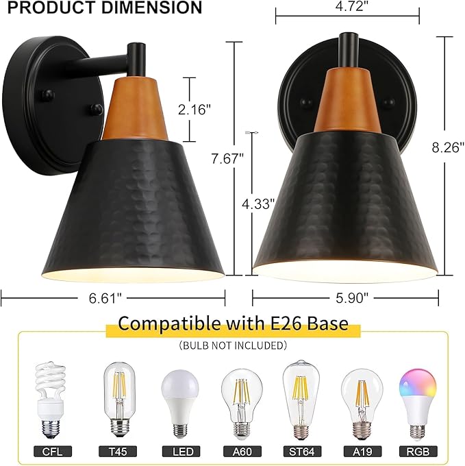 Black Wall Sconces Set of 2, Rustic Industrial Wall Lamps, Bathroom Vanity